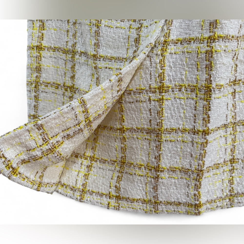 NWT CAbi SZ 8 Y2K  Coco Tweed Boucle White Yellow Checkered Pencil Mini Skirt - Picture 4 of 9